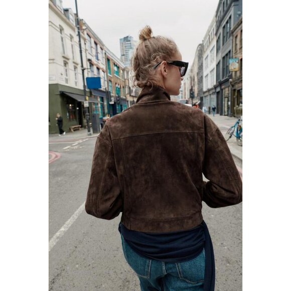 ZARA SUEDE LEATHER BOMBER JACKET WITH POCKETS - Picture 5 of 12